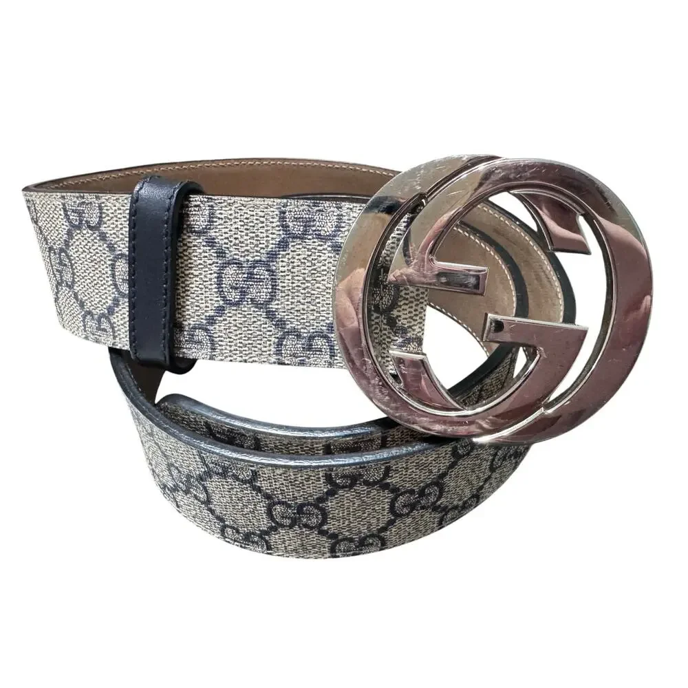 Gucci Beige Monogram Belt with Silver Double G Buckle
